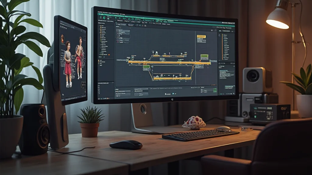 Interfaccia software di animazione 3D con timeline di rigging, pannelli di controllo e viewport del personaggio illuminato
