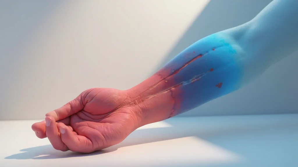 Visualizzazione 3D di un braccio con gradazione di colori che rappresenta i valori di skin weight, dal rosso scuro al blu