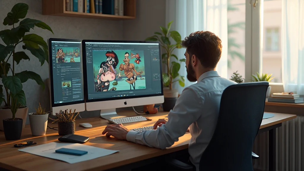 Studio di animazione professionale con workstation e schermo di animazione 3D
