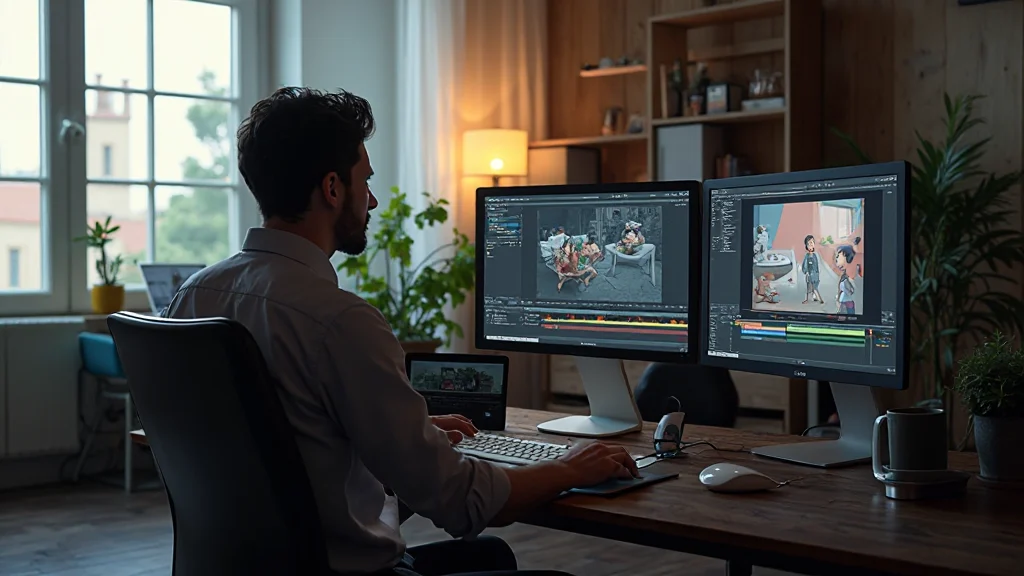 Studio di animazione con animatore che lavora a una postazione multipla monitor con timeline e viewport di animazione