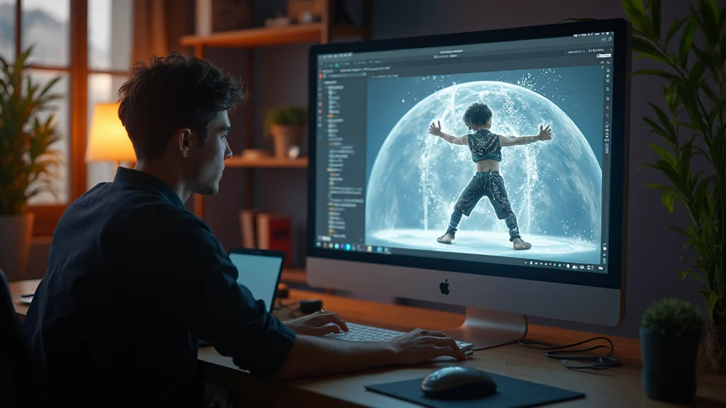 Studio di animazione moderno con workstation di rigging 3D e personaggio illuminato sullo schermo